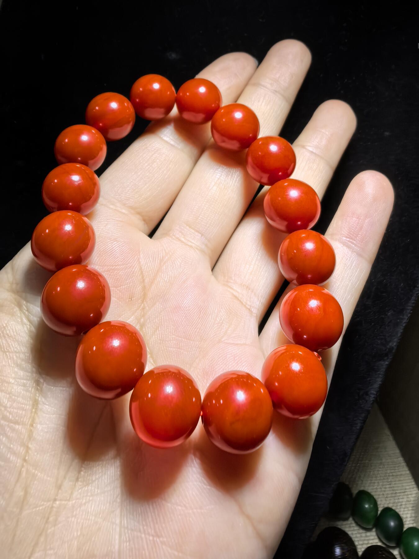 四川保山南红柿子红佛珠手串男女款，无烤色，满肉，尺寸：1.2cm