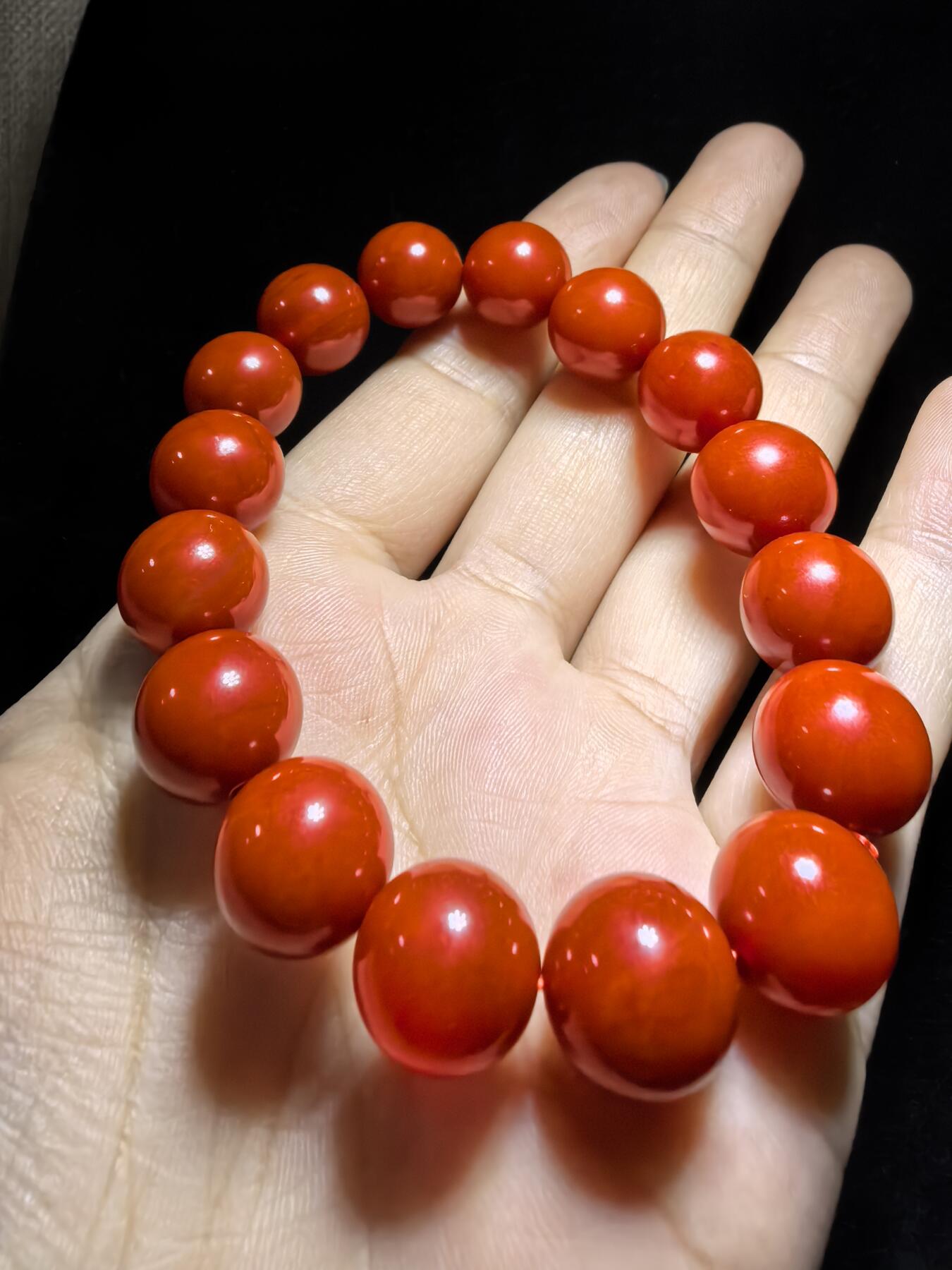 四川保山南红柿子红佛珠手串男女款，无烤色，满肉，尺寸：1.2cm