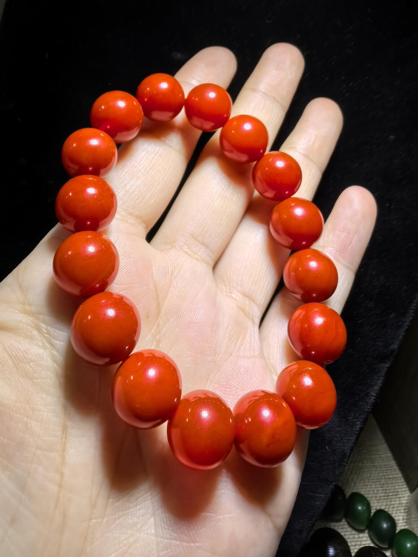 四川保山南红柿子红佛珠手串男女款，无烤色，满肉，尺寸：1.2cm
