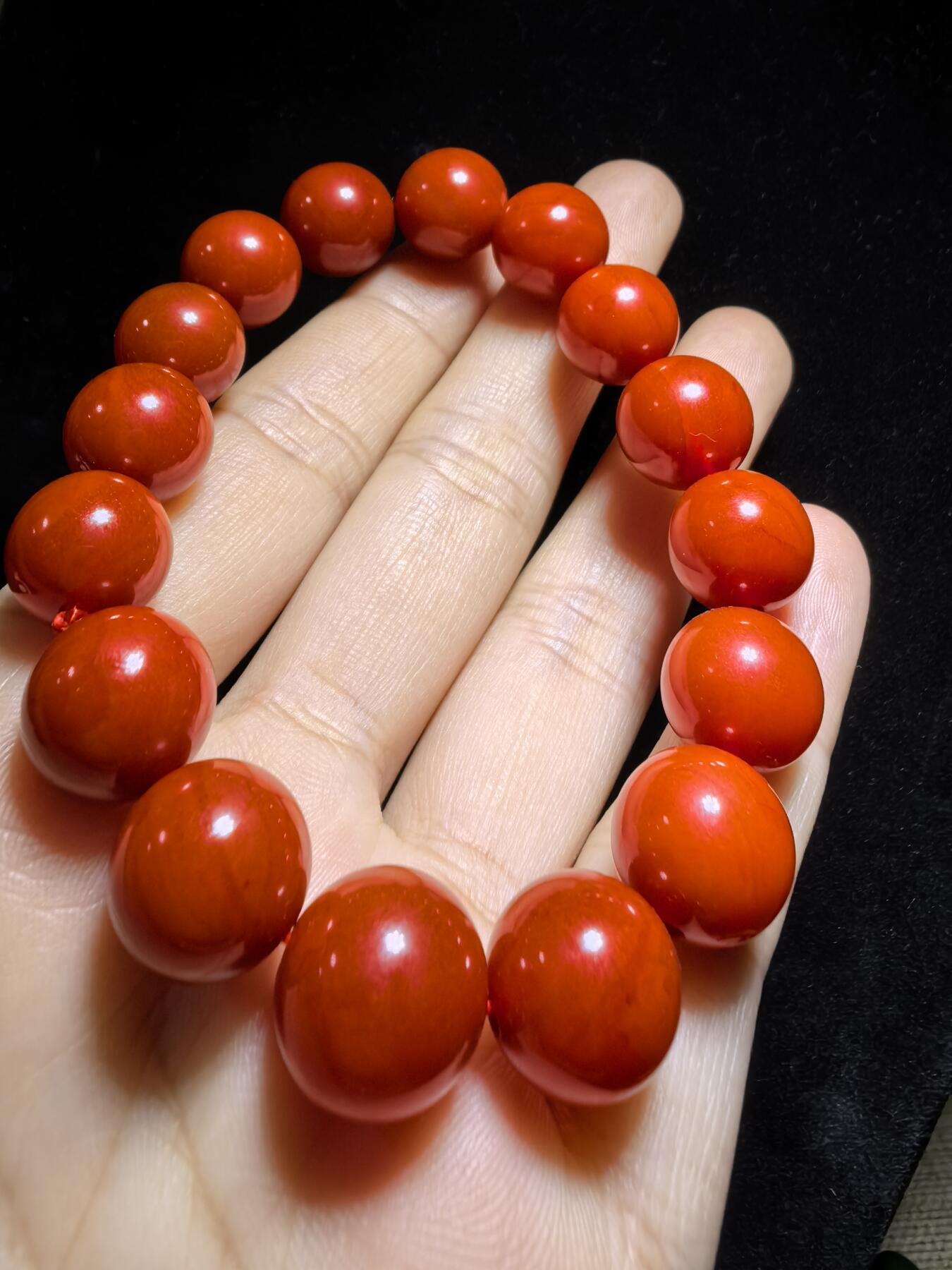 四川保山南红柿子红佛珠手串男女款，无烤色，满肉，尺寸：1.2cm