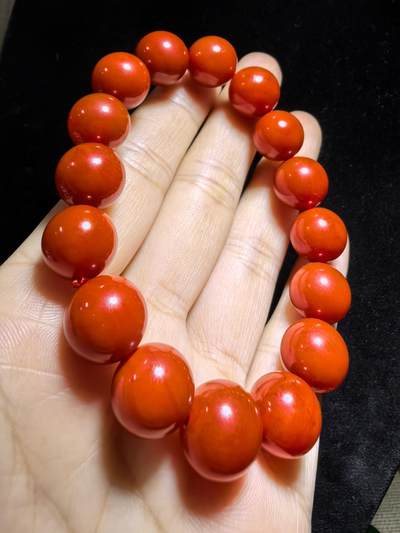 四川保山南红柿子红佛珠手串男女款，无烤色，满肉，尺寸：1.2cm