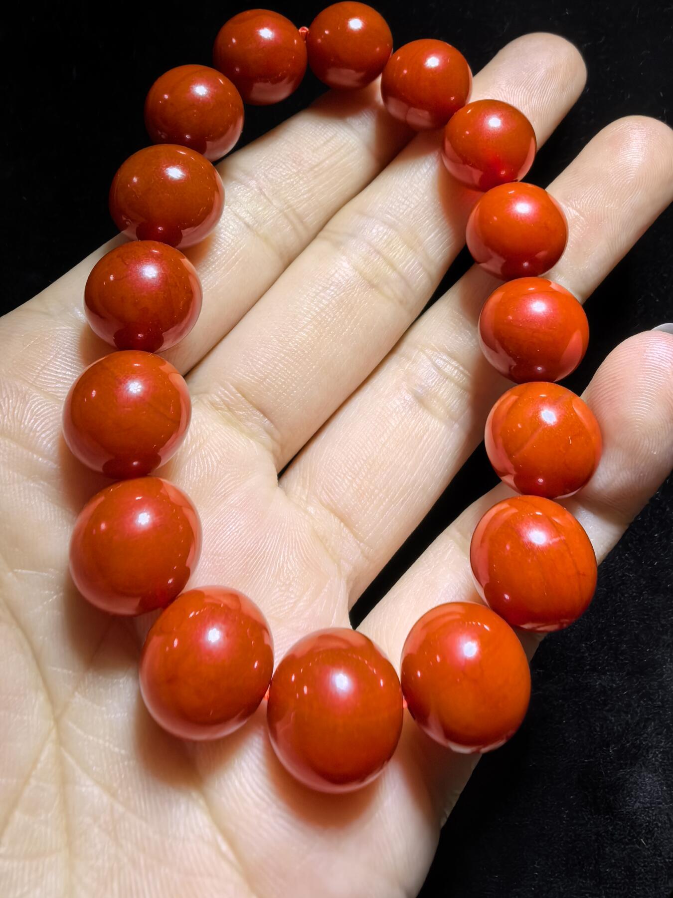 四川保山南红柿子红佛珠手串男女款，无烤色，满肉，尺寸：1.2cm