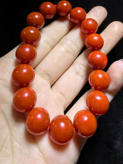 四川保山南红柿子红佛珠手串男女款，无烤色，满肉，尺寸：1.2cm
