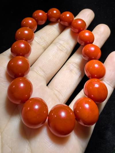 四川保山南红柿子红佛珠手串男女款，无烤色，满肉，尺寸：1.2cm