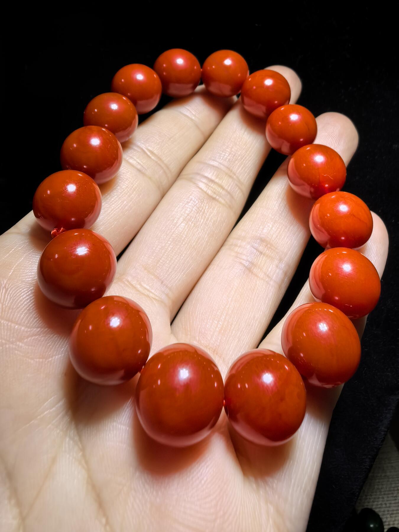四川保山南红柿子红佛珠手串男女款，无烤色，满肉，尺寸：1.2cm