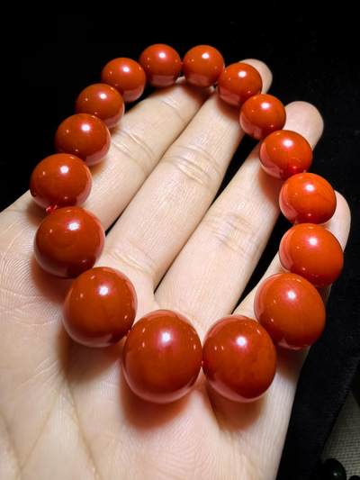 四川保山南红柿子红佛珠手串男女款，无烤色，满肉，尺寸：1.2cm