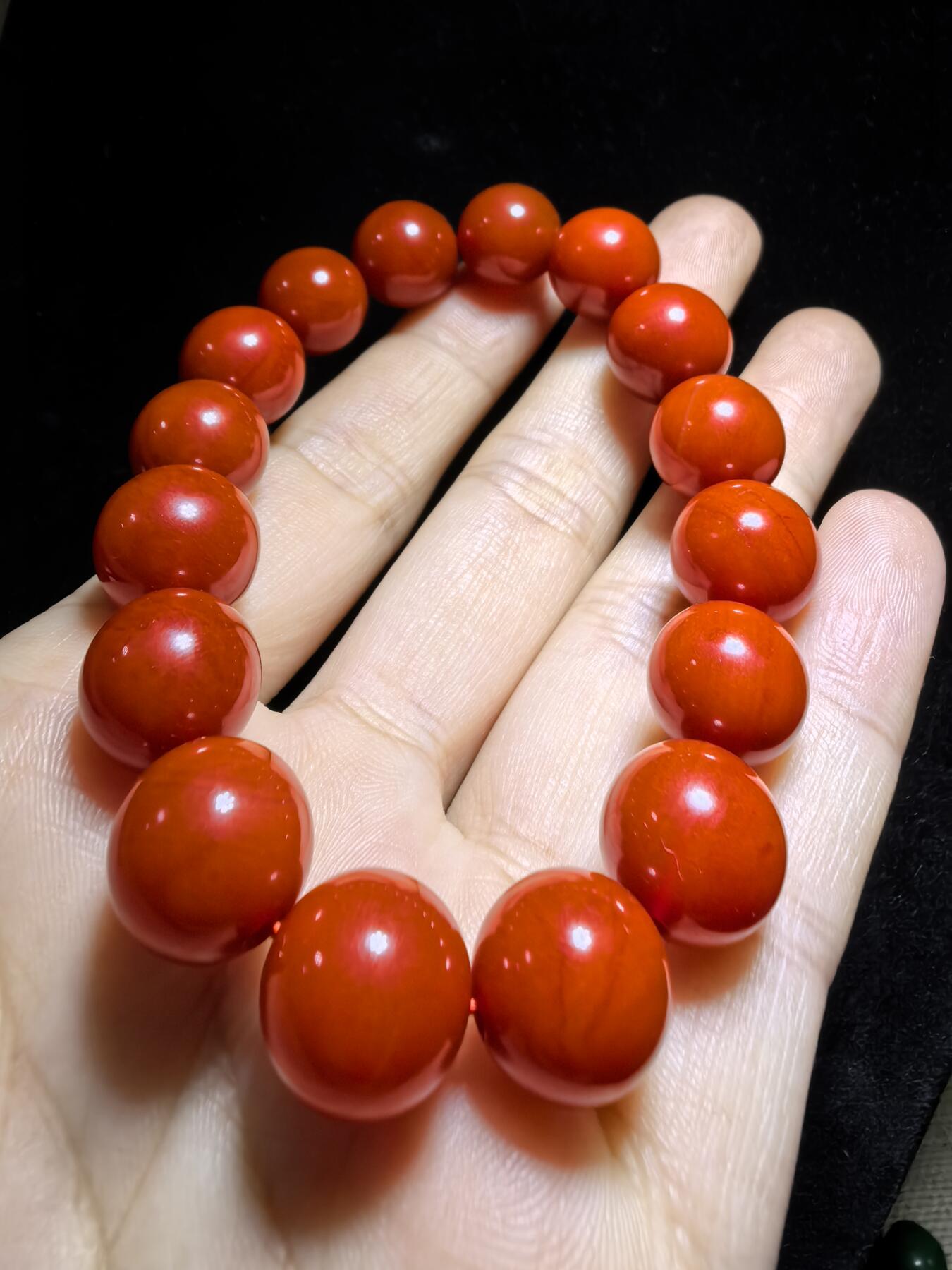 四川保山南红柿子红佛珠手串男女款，无烤色，满肉，尺寸：1.2cm