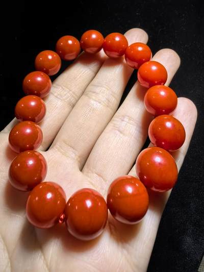 四川保山南红柿子红佛珠手串男女款，无烤色，满肉，尺寸：1.2cm
