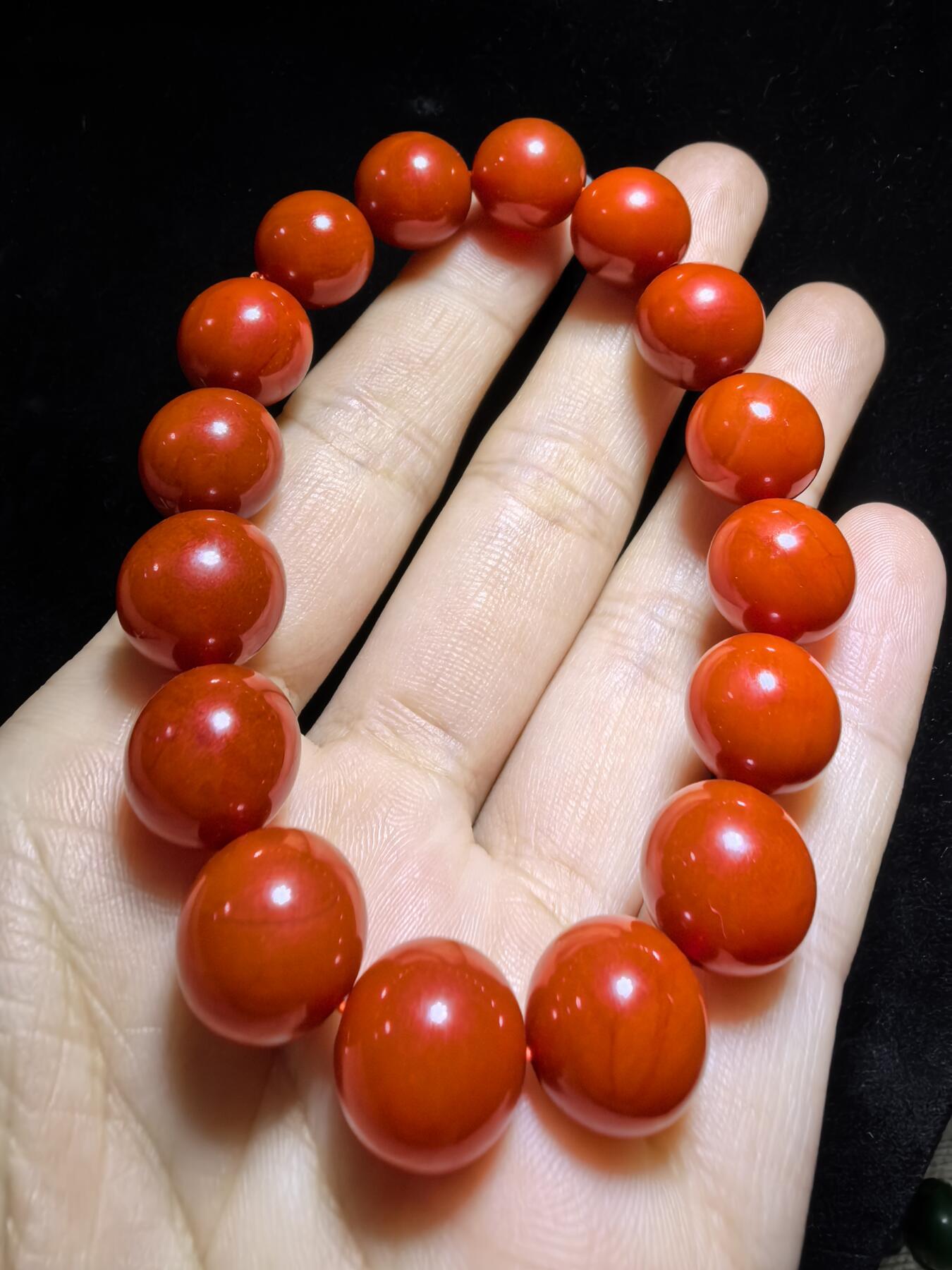 四川保山南红柿子红佛珠手串男女款，无烤色，满肉，尺寸：1.2cm