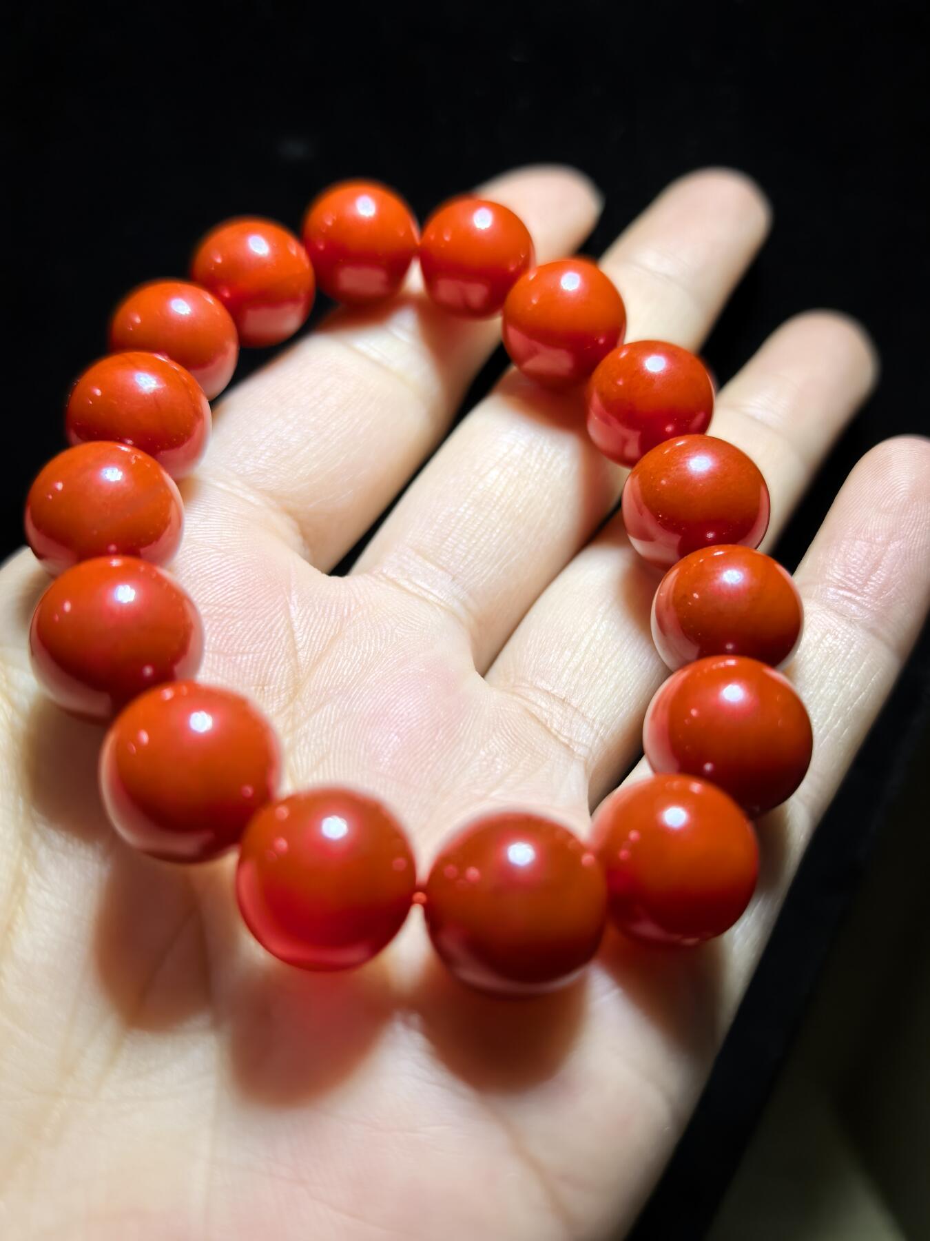 四川保山南红柿子红佛珠手串男女款，无烤色，满肉，尺寸：1.2cm