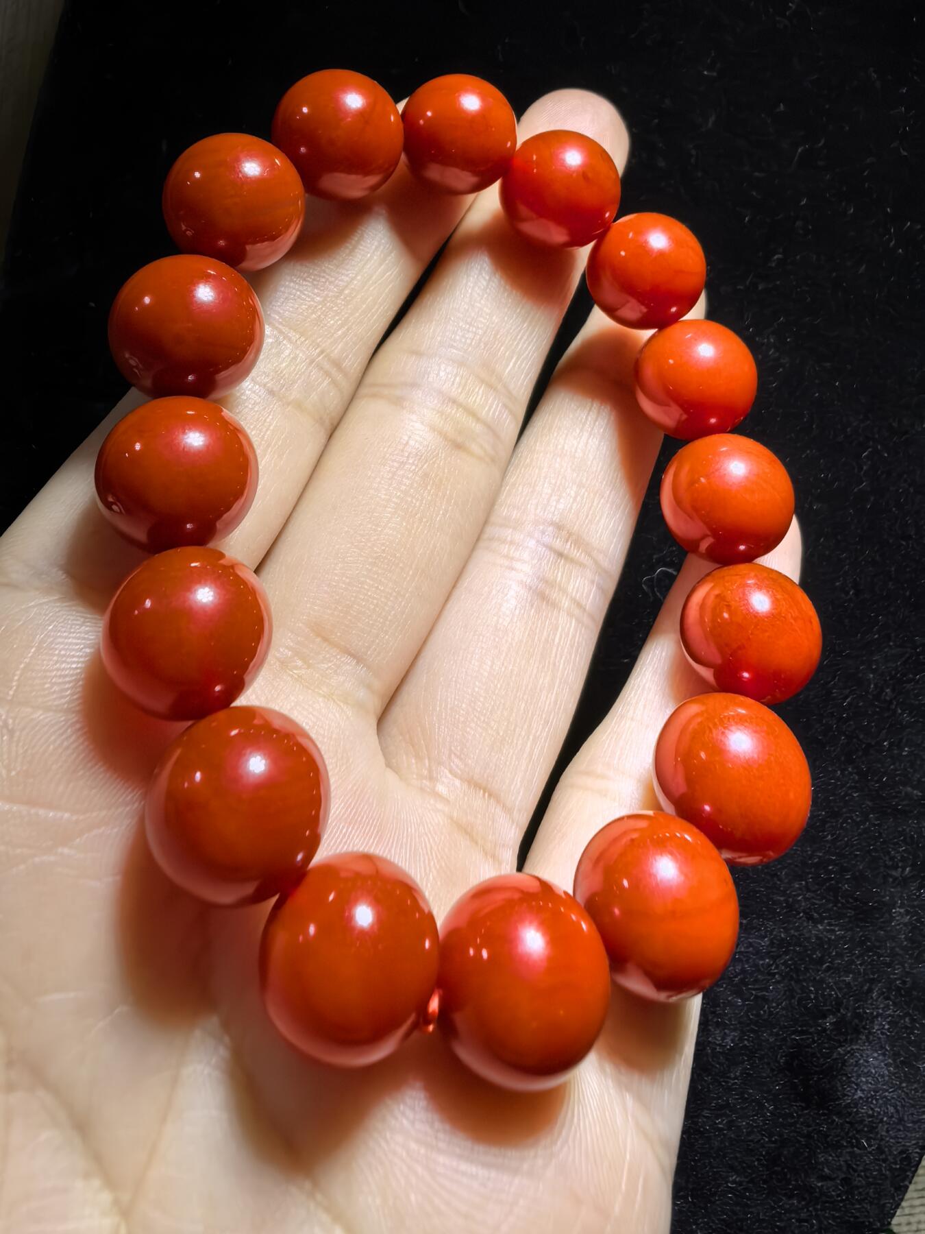 四川保山南红柿子红佛珠手串男女款，无烤色，满肉，尺寸：1.2cm