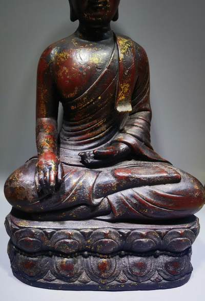 宋代洒金释迦摩尼佛整身佛像摆件乔迁办公佛龛供奉​包浆自然浑厚，包老到代！​佛手食指缺肉图中可见！​尺寸:35cm*20cm