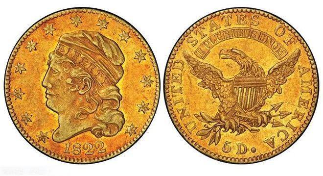 世界十大天价钱币之1822年美国半鹰金币