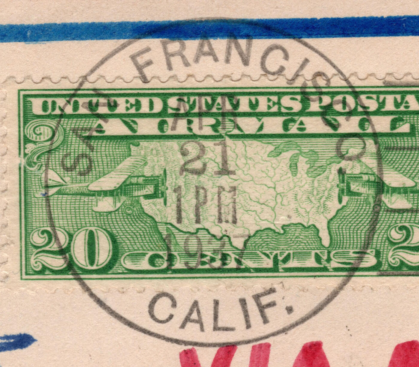 #中国飞剪首航封 1937年中美通航“中国飞剪”首航封旧金山寄泰安小地方返航封