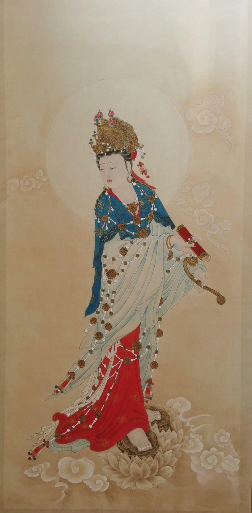 国画纯手绘工笔佛像_文殊持经菩萨