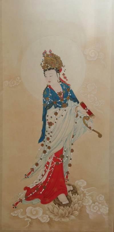 国画纯手绘工笔佛像_文殊持经菩萨