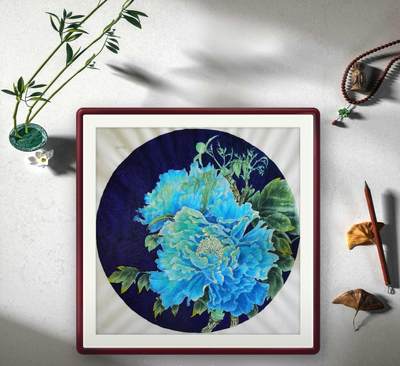 纯手绘重彩工笔画，蓝蕴（牡丹）。画芯尺寸:33/33。没有装裱，不含框。