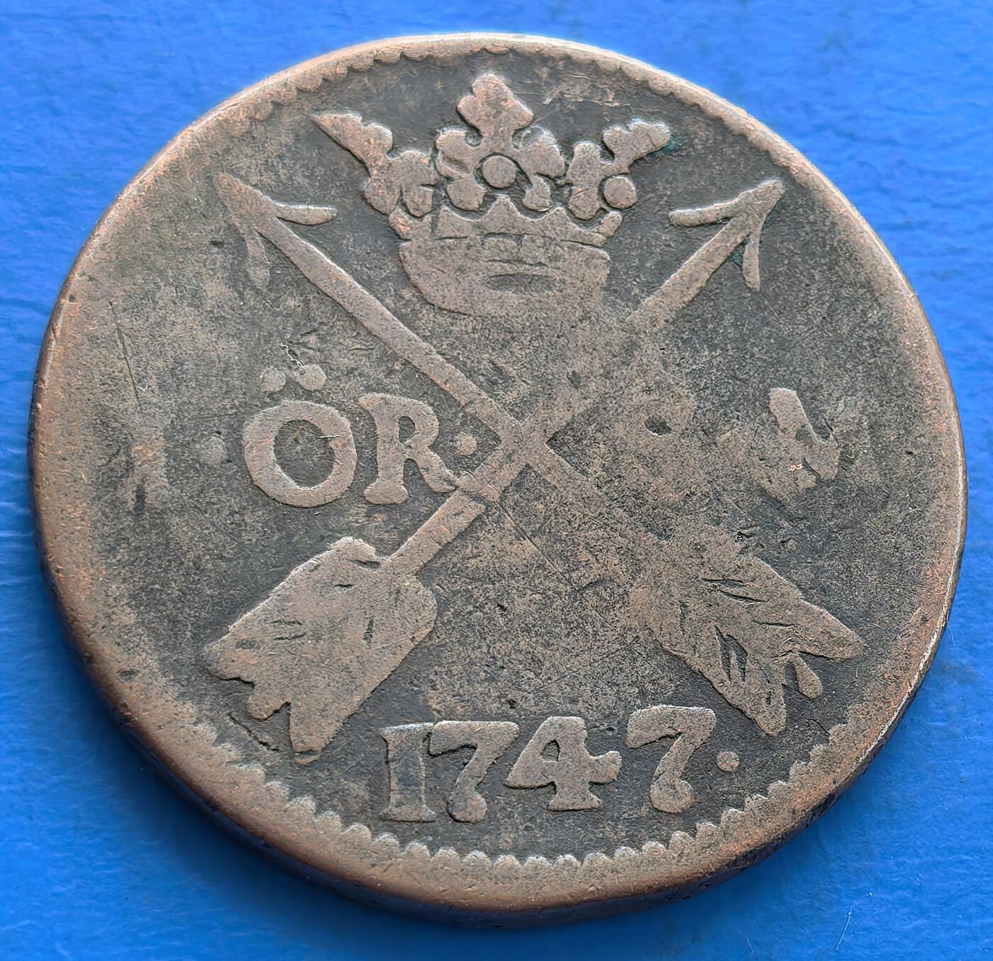 瑞典1747年1欧尔大铜币直径29.6mm,重14克