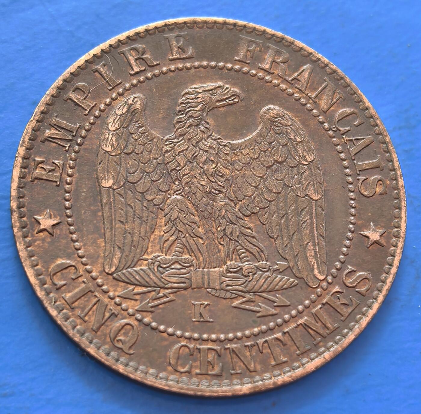 极美品带原光法国1864年5分K版，人物炯炯有神，老鹰栩栩如生，鹰爪有力，老鹰毛发清晰可见