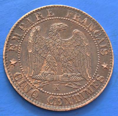 极美品带原光法国1864年5分K版，人物炯炯有神，老鹰栩栩如生，鹰爪有力，老鹰毛发清晰可见