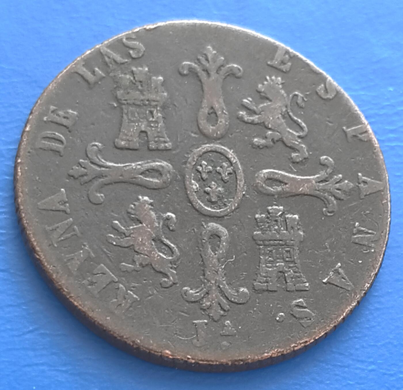 西班牙1848年伊莎贝拉二世凭上帝之恩与宪法8M老铜币