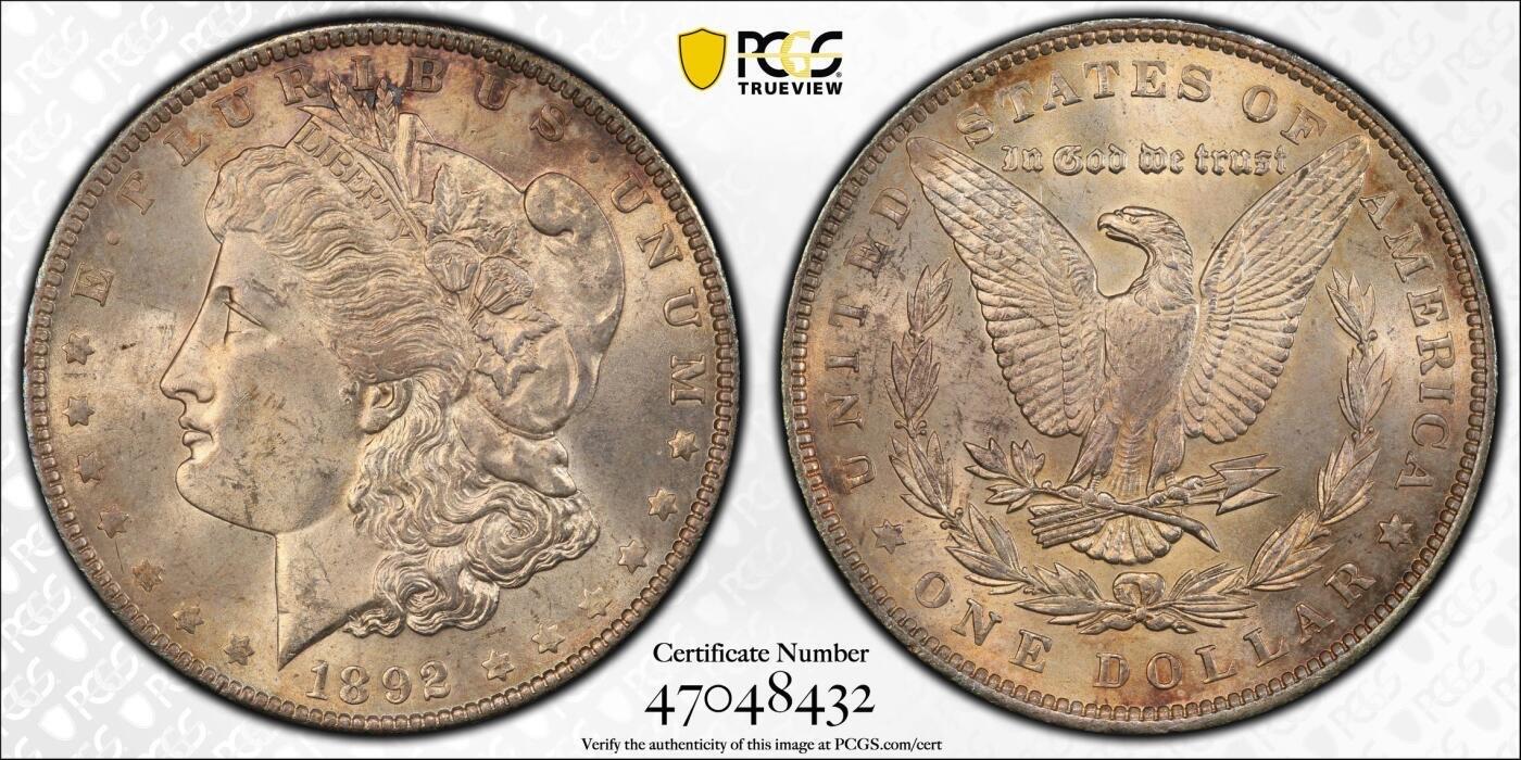 PCGS-MS63，美国1892年费城版摩根 此版是费城铸币厂发行量第二低的年份 仅次于大珍1895摩根王