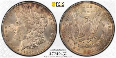 PCGS-MS63，美国1892年费城版摩根 此版是费城铸币厂发行量第二低的年份 仅次于大珍1895摩根王