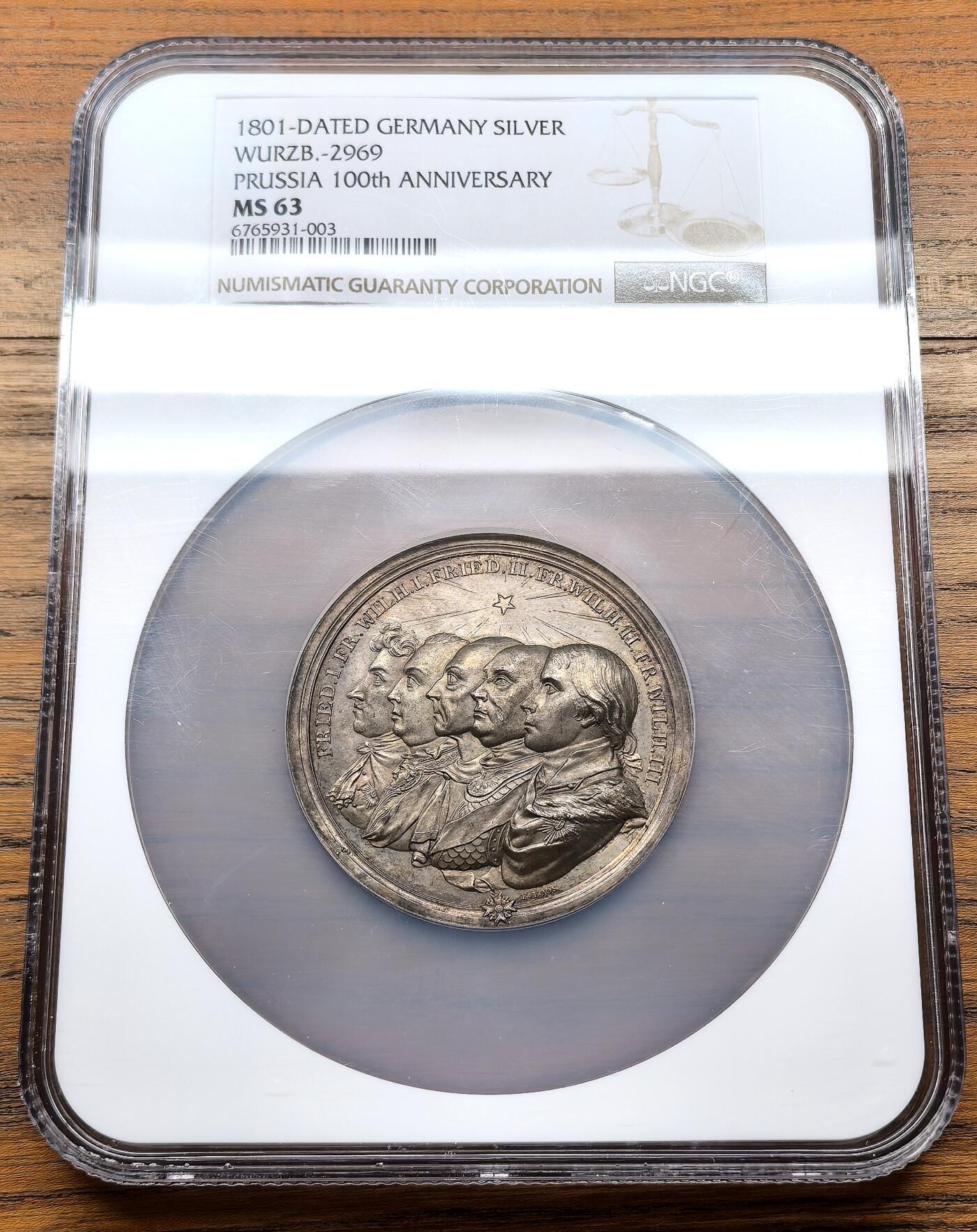 1801年德国普鲁士王国百年纪念大银章，NGC-MS63，历史名章