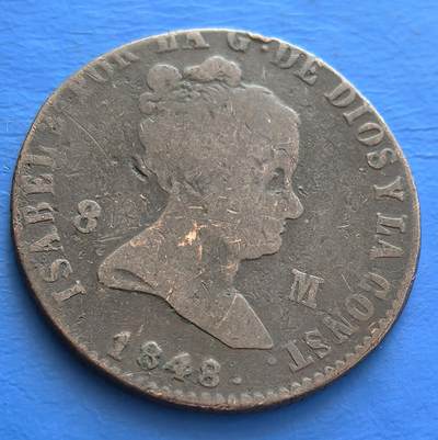 西班牙1848年伊莎贝拉二世凭上帝之恩与宪法8M老铜币