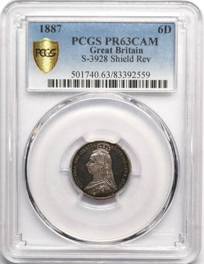 1887英国维多利亚高冠6便士精铸PCGS-PF63CAM
