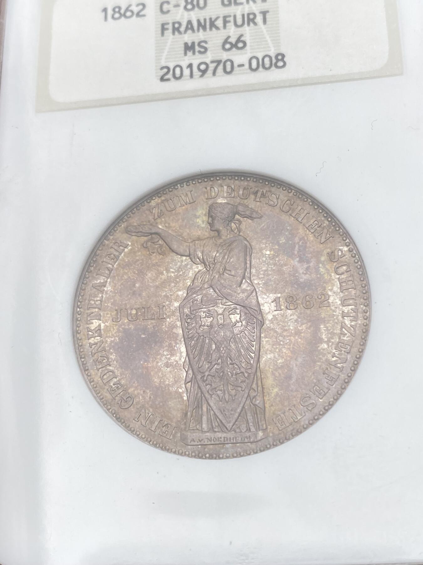 『藏图』NGC MS66 1862年德国法兰克福经典少女射击节1泰勒