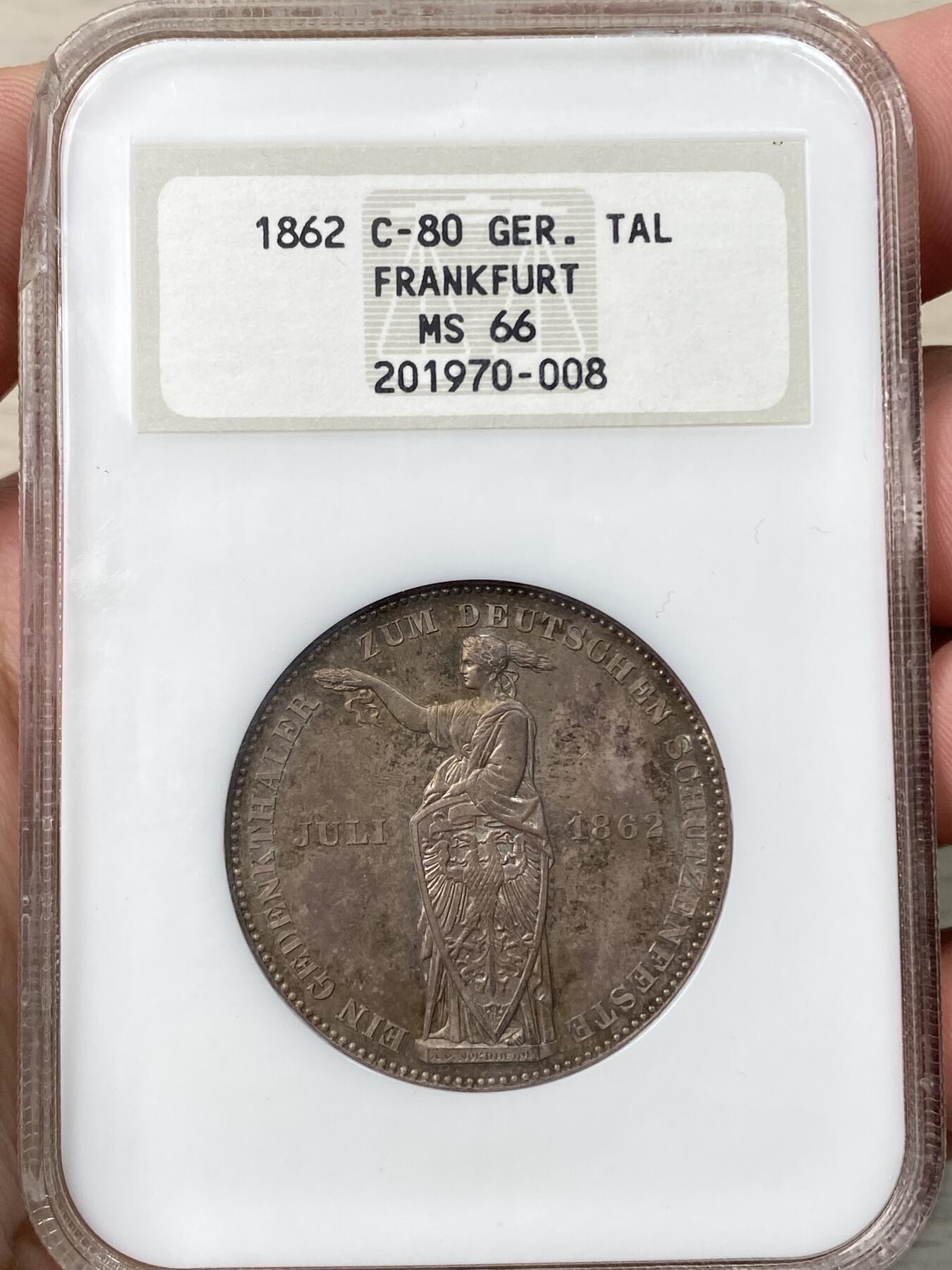 『藏图』NGC MS66 1862年德国法兰克福经典少女射击节1泰勒