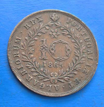 极美品亚速尔1865年10雷亚尔铜币