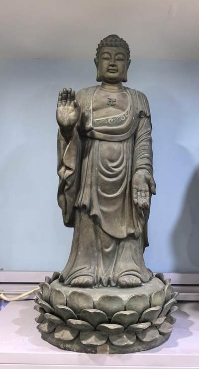 创汇时期，紫砂加铜彩释迦摩尼立像，朴素庄严，救济众生。高约89cm宽约38cm