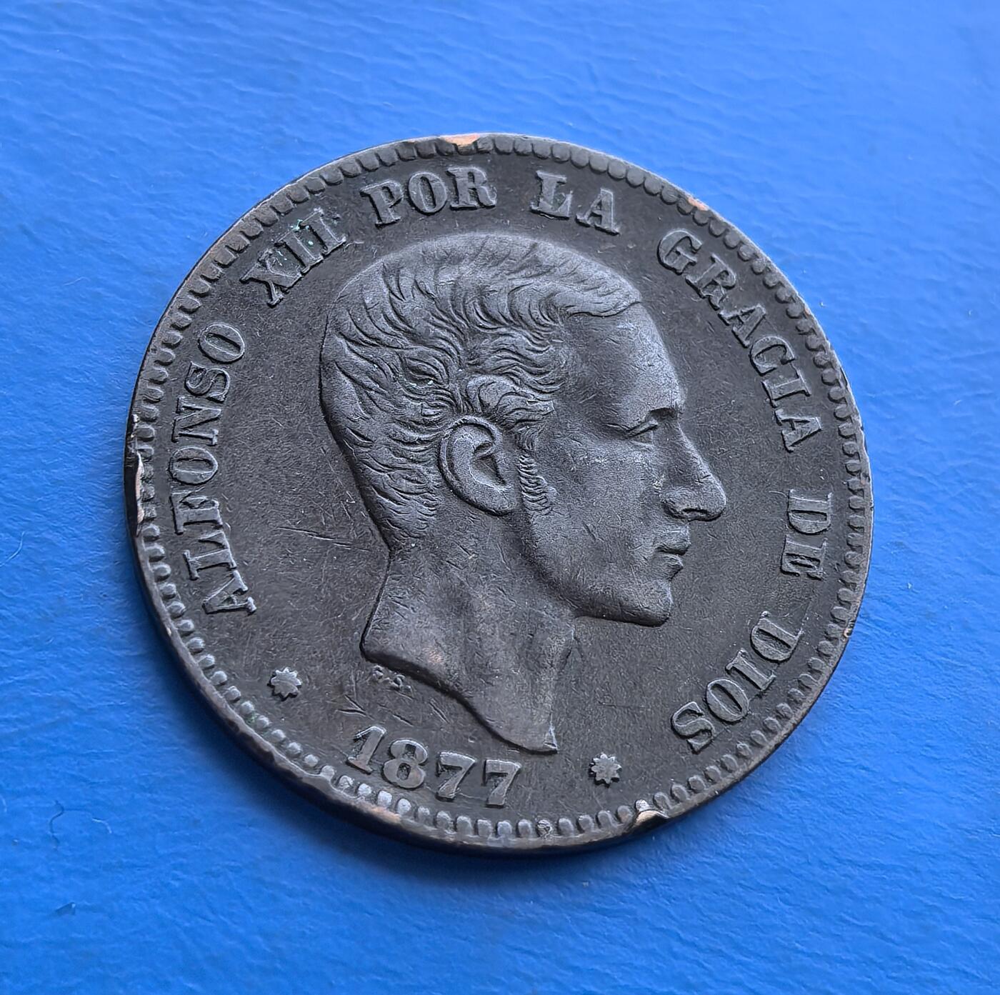 极美品西班牙阿方索十二世1877 年 10 分铜币