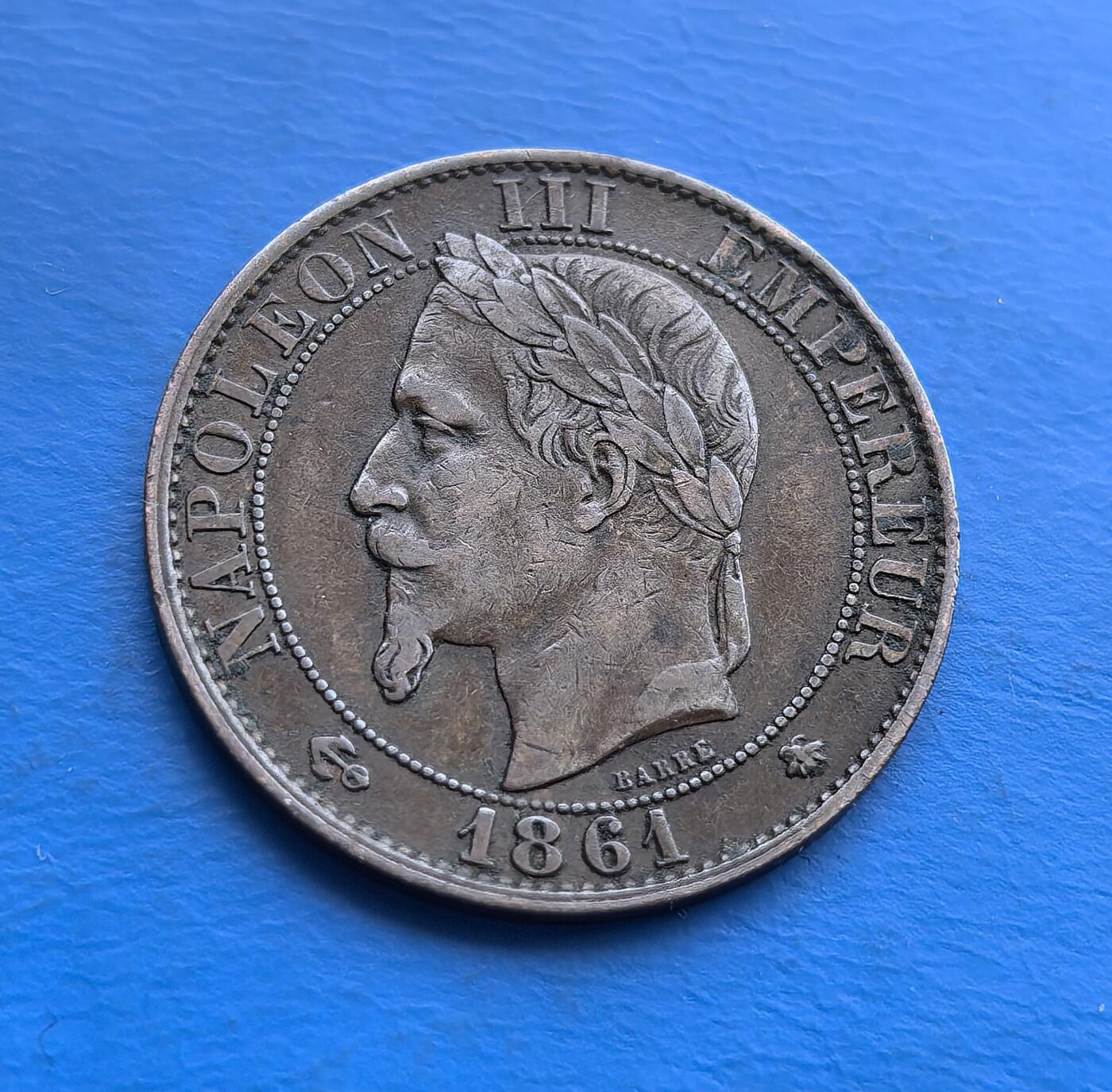 极美品1861 年法国拿破仑三世 5 生丁铜币