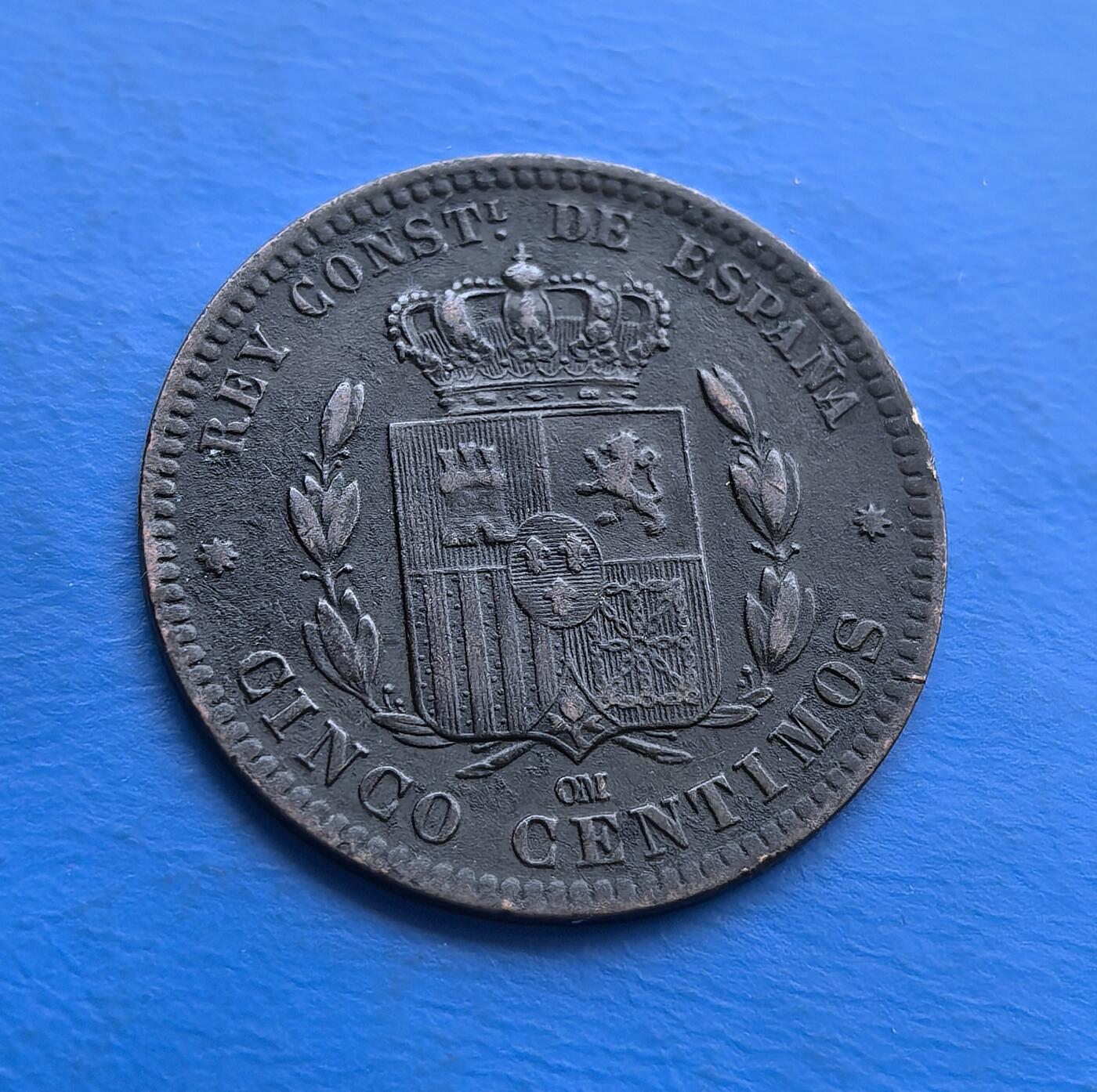 美品1879 年西班牙阿方索十二世 5 分铜币