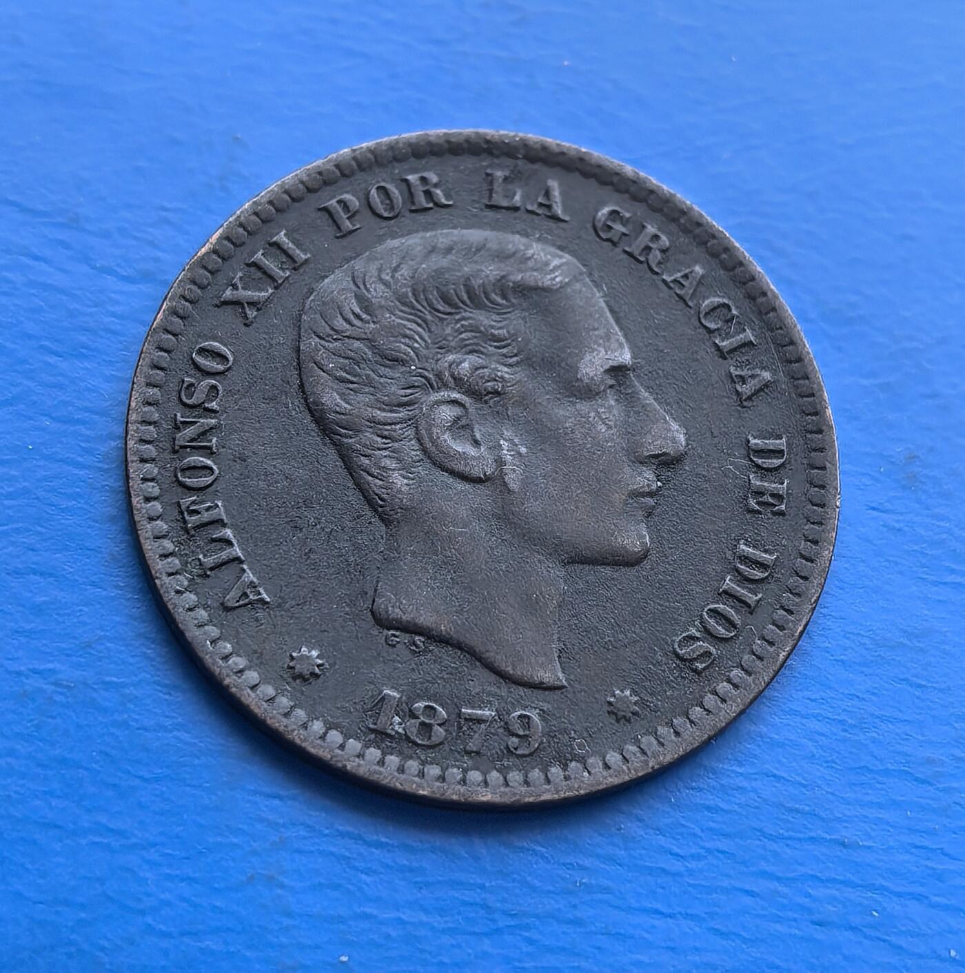 美品1879 年西班牙阿方索十二世 5 分铜币