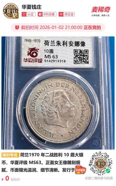 荷兰1970 年二战胜利 10 盾大银币