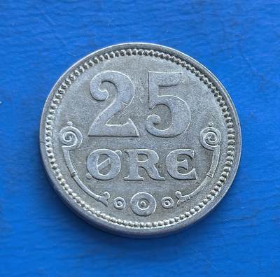 稀少错版1914 年(年份4复打)丹麦 25 欧尔银币