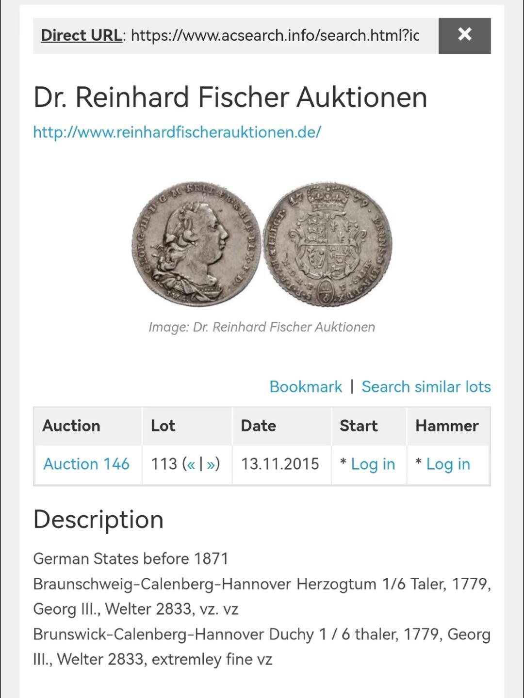 1779年汉诺威乔治三世人像1/6泰勒银币