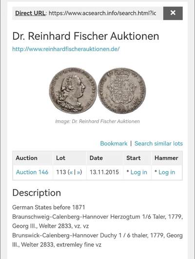 1779年汉诺威乔治三世人像1/6泰勒银币