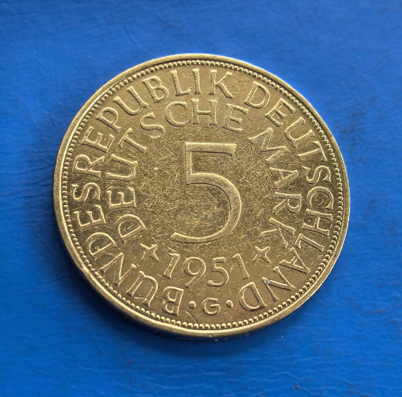 西德1951年5马克镀金银币