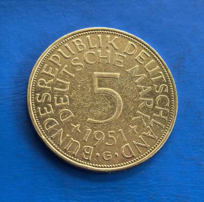 西德1951年5马克镀金银币