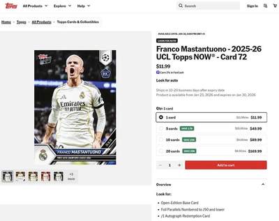 小小马首签：马斯坦托诺欧冠首球纪念Topps Now大Hit 有爆金1/1新秀签