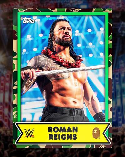 Topps联手潮牌BAPE为WWE明星们制作了特别版本的收藏卡，并以标志性的卡通风格打造人物形象