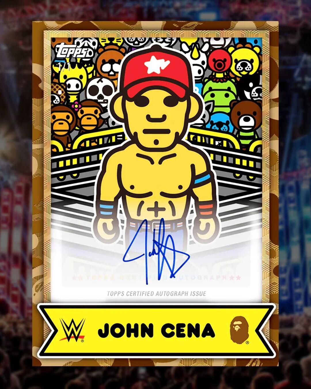 Topps联手潮牌BAPE为WWE明星们制作了特别版本的收藏卡，并以标志性的卡通风格打造人物形象