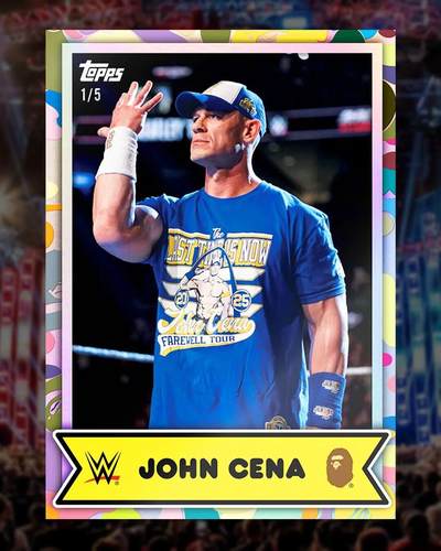 Topps联手潮牌BAPE为WWE明星们制作了特别版本的收藏卡，并以标志性的卡通风格打造人物形象