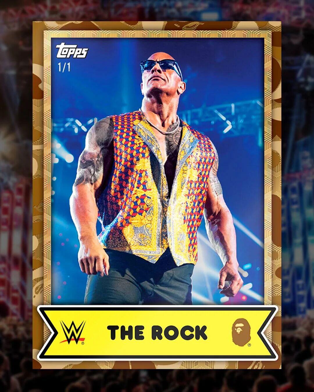 Topps联手潮牌BAPE为WWE明星们制作了特别版本的收藏卡，并以标志性的卡通风格打造人物形象