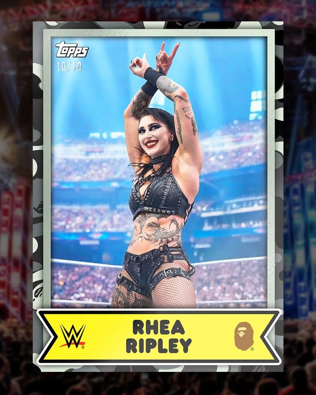 Topps联手潮牌BAPE为WWE明星们制作了特别版本的收藏卡，并以标志性的卡通风格打造人物形象